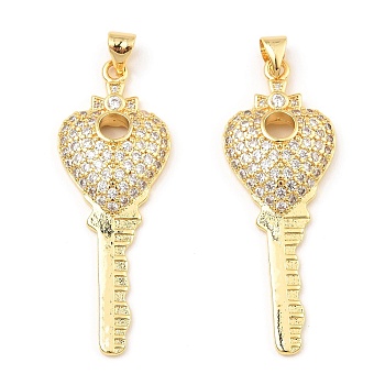 Rack Plating Brass Micro Pave Clear Cubic Zirconia Pendants, Key with Heart, Real 16K Gold Plated, 42x15.5x5mm, Hole: 3.5x4mm