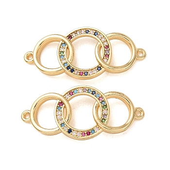 Brass Micro Pave Colorful Cubic Zirconia Connector Charms, Interlocking Ring Links, Rack Plating, Long-Lasting Plated, Cadmium Free & Lead Free, Real 18K Gold Plated, 13x30x2mm, Hole: 1mm