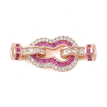 Rack Plating Brass Micro Pave Clear Cubic Zirconia Fold Over Clasps, Long-Lasting Plated, Lead Free & Cadmium Free, Gourd, Medium Violet Red, Rose Gold, 27x11x5mm, Hole: 3mm