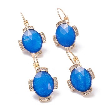 Natural Chalcedony Leverback Earrings, with Golden Plated Brass Findings and Clear Cubic Zirconia, Faceted, Oval, 33mm, Pin: 0.9mm, Pendant: 20x17.5x5.5mm