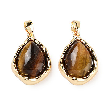 Natural Tiger Eye Teardrop Pendants, Brass Drop Charms, Real 18K Gold Plated, 19.5x14.5x5.8mm, Hole: 4.5x2.5mm