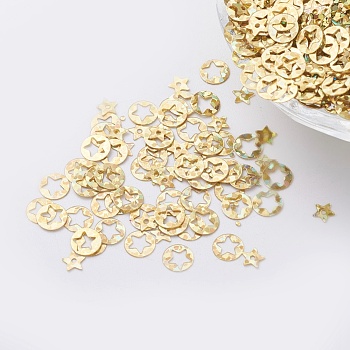 Ornament Accessories Plastic Paillette/Sequins Beads, Flat Round with Star, Gold, 6x0.1mm