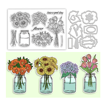 Globleland 1Pc Carbon Steel Cutting Dies Stencils, with 1 Sheet PVC Plastic Stamps, for DIY Scrapbooking, Photo Album, Decorative Embossing, Vase, Floral Pattern, Stamps: 16x11x0.3cm, Stencils: 14x10.8x0.08cm