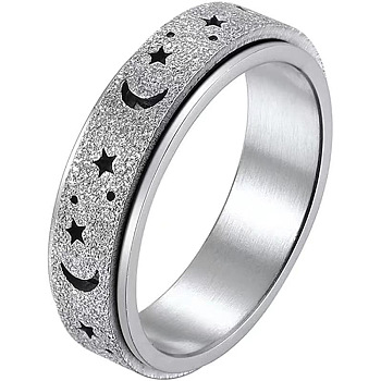 Stainless Steel Moon and Star Rotatable Finger Ring, Spinner Fidget Band Anxiety Stress Relief Ring for Women, Stainless Steel Color, US Size 9(18.9mm)