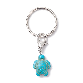 Turtle Dyed Synthetic Turquoise Keychain, with Iron Split Key Rings and Zinc Alloy Lobster Claw Clasps, Turquoise, 5.6cm