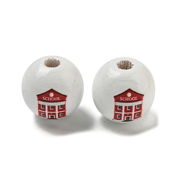 Printed Wood European Beads, Large Hole Beads, Round, White, 16~16.5x14.5~15mm, Hole: 4mm