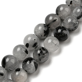 Grade A Natural Tourmalinated Quartz/Black Rutilated Quartz Beads Strands, Round, 8mm, Hole: 0.8mm, about 48~50pcs/strand, 15.35~15.55''(39~39.5cm)