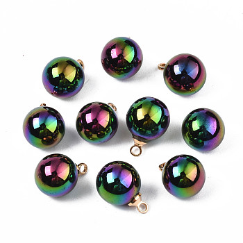 Electroplate Acrylic Pendants, Cadmium Free & Lead Free, with Brass Findings, Round, Colorful, 13.5x9.5mm, Hole: 1.6mm