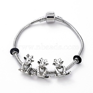 European Bracelets, with Tibetan Style Alloy Beads, Rubber Spacer Beads and Brass Clasps, Christmas Reindeer/Stag, Antique Silver & Platinum, 7-1/8 inch(18cm), 3mm(BJEW-JB04856-01)