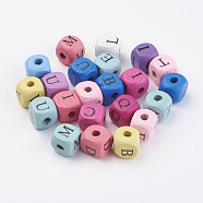 Natural Wood Printed Beads, Horizontal Hole, Dyed, Cube with Initial Letter, Mixed Color, 10x10x10mm, Hole: 3~4mm, about 1060pcs/500g(WOOD-Q030-37)