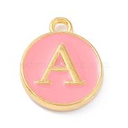 Golden Plated Alloy Enamel Charms, Enamelled Sequins, Flat Round with Alphabet, Letter.A, Pink, 14x12x2mm, Hole: 1.5mm(ENAM-Q437-14A)