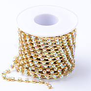 Brass Rhinestone Strass Chains, with Spool, Rhinestone Cup Chains, Raw(Unplated), Nickel Free, Crystal AB, 3mm, about 10yards/roll(CHC-T002-SS14-02C)