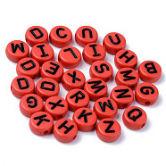 Opaque Acrylic Beads, Horizontal Hole, Flat Round with Black Random Letters, Red, 10x4.5mm, Hole: 2mm, about 1600pcs/500g(MACR-S273-50D)