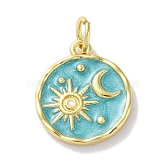Rack Plated Brass Enamel Pendants, with Jump Ring, Long-Lasting Plated, Lead Free & Cadmium Free, Real 18K Gold Plated, Flat Round with Sun & Moon Charm, Medium Turquoise, 15x13x2mm, Hole: 3.4mm(KK-Z039-02A)