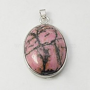 Gemstone Pendants, with Brass Findings and Rhodonite, Oval, Platinum, Plum, 41x27.5x7.5mm, Hole: 3x6mm(G-G077-3)