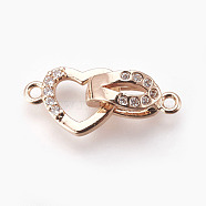 Brass Micro Pave Cubic Zirconia Fold Over Clasps, Heart, Clear, Real Rose Gold Plated, 18mm, Hole: 1.2mm(KK-P164-09RG)