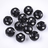 Plating Acrylic Beads, Metal Enlaced, Round, Black, 9~10x9mm, Hole: 2mm, about 1000pcs/500g(PACR-S186-10mm-A01)