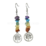 Natural & Synthetic Mixed Stone Chips Dangle Earrings, Tibetan Style Alloy Tree of Life Drop Earrings with 316 Surgical Stainless Steel Pins, Flat Round, 65x17mm(EJEW-JE05390-01)