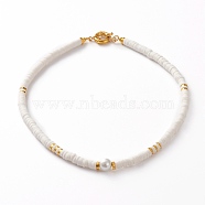 Polymer Clay Heishi Beaded Necklaces, with Round Glass Pearl Beads, Brass Spacer Beads and Spring Ring Clasps, White, 17-7/8 inch(45.5cm)(NJEW-JN03214-02)