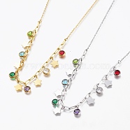 304 Stainless Steel Pendant Necklaces, with Rhinestone, Birthstone Charms and Paperclip Chains, Star, Colorful, Mixed Color, 18-1/8 inch(46cm)(STAS-A049-29)