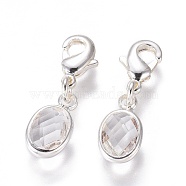 Glass Pendants, with Brass, Faceted, Oval, Silver Color Plated, Clear, 22.5mm(X-HJEW-G012-02S-06)