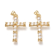 Brass Micro Pave Cubic Zirconia Pendants, Cross, Clear, Real 18K Gold Plated, 30.5x20x4.5mm, Hole: 3.5x5mm(ZIRC-F116-17-G)