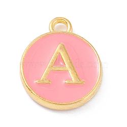 Golden Plated Alloy Enamel Charms, Enamelled Sequins, Flat Round with Alphabet, Letter.A, Pink, 14x12x2mm, Hole: 1.5mm(ENAM-Q437-14A)