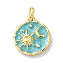 Rack Plated Brass Enamel Pendants, with Jump Ring, Long-Lasting Plated, Lead Free & Cadmium Free, Real 18K Gold Plated, Flat Round with Sun & Moon Charm, Medium Turquoise, 15x13x2mm, Hole: 3.4mm(KK-Z039-02A)