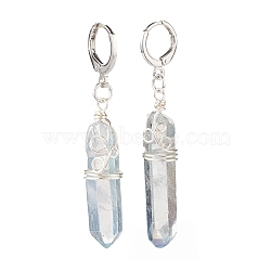 Natural Quartz Crystal Nugget Bullet Shape Dangle Hoop Earrings, Platinum Plated Brass Wire Wrap Jewelry for Women, Slate Blue, 46~55mm, Pin: 0.8mm(EJEW-TA00103-04)