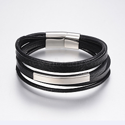 Men's Braided Leather Cord Multi-strand Bracelets, with 304 Stainless Steel Findings, Rectangle, Black, 8-1/4 inch(210mm), 
12~25x3~8mm(BJEW-P198-06)