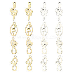 16Pcs 8 Style Ion Plating(IP) 304 Stainless Steel Charms, Laser Cut, Mixed Shape, Golden & Stainless Steel Color, 13~15x6~7x1.5mm, Hole: 1.4~1.5mm, 2pcs/style(STAS-CA0002-10)