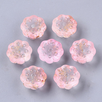 Two Tone Transparent Spray Painted Glass Beads, with Golden Foil, Seedpod of the Lotus, Pink, 11x6mm, Hole: 1.4mm