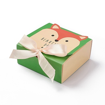 Cartoon Cardboard Paper Gift Box, with Ramdom Color Ribbon, Rectangle, Lime Green, Fox Pattern, Fold: 12.9x11.5x5.1cm