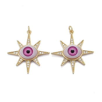Brass Micro Pave Cubic Zirconia Pendants, with Acrylic and Jump Ring, Long-Lasting Plated, Star with Eye, Real 18K Gold Plated, Purple, 32x30x6.5mm