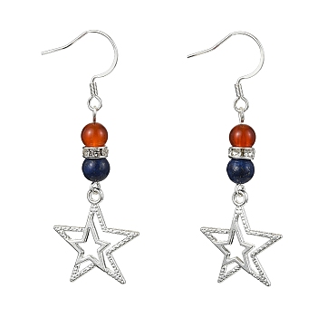 Tibetan Style Alloy Star Dangel Earrings, Natural Lapis Lazuli & Carnelian Beaded Long Drop Earrings, 57x20.5mm