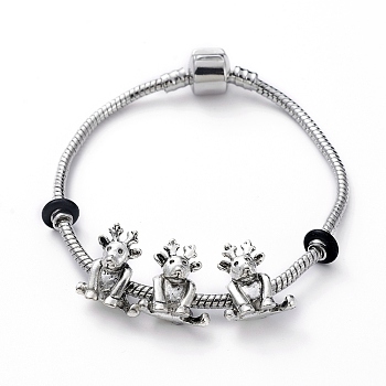 European Bracelets, with Tibetan Style Alloy Beads, Rubber Spacer Beads and Brass Clasps, Christmas Reindeer/Stag, Antique Silver & Platinum, 7-1/8 inch(18cm), 3mm