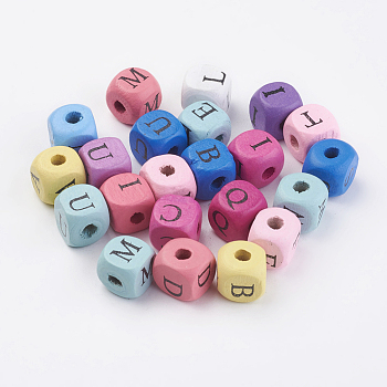 Natural Wood Printed Beads, Horizontal Hole, Dyed, Cube with Initial Letter, Mixed Color, 10x10x10mm, Hole: 3~4mm, about 1060pcs/500g