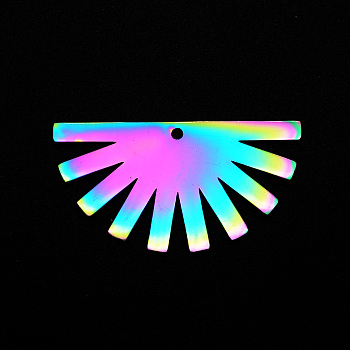 201 Stainless Steel Pendants, Laser Cut, Fan, Rainbow Color, 17.5x33x1mm, Hole: 1.6mm