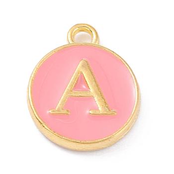 Golden Plated Alloy Enamel Charms, Enamelled Sequins, Flat Round with Alphabet, Letter.A, Pink, 14x12x2mm, Hole: 1.5mm