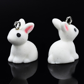 Flocky Resin Pendants, with Platinum Plated Iron Loops, Rabbit, Flamingo, 25x23x15mm, Hole: 2.5mm