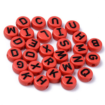 Opaque Acrylic Beads, Horizontal Hole, Flat Round with Black Random Letters, Red, 10x4.5mm, Hole: 2mm, about 1600pcs/500g