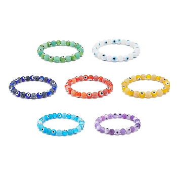 7Pcs 7 Colors Natural Weathered Agate(Dyed) & Lampwork Evil Eye Round Beaded Stretch Bracelets Set, Gemstone Stackable Bracelets for Women, Mixed Color, Inner Diameter: 2-1/8 inch(5.5cm), Beads: 8mm, 1Pc/color
