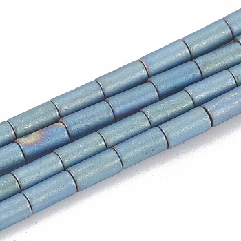 Electroplate Non-magnetic Synthetic Hematite Beads Strands, Matte Style, Column, Blue Plated, 4x2mm, Hole: 0.8mm, about 90pcs/strand, 15.7 inch
