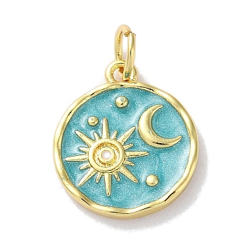 Rack Plated Brass Enamel Pendants, with Jump Ring, Long-Lasting Plated, Lead Free & Cadmium Free, Real 18K Gold Plated, Flat Round with Sun & Moon Charm, Medium Turquoise, 15x13x2mm, Hole: 3.4mm