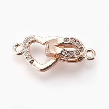 Brass Micro Pave Cubic Zirconia Fold Over Clasps, Heart, Clear, Real Rose Gold Plated, 18mm, Hole: 1.2mm