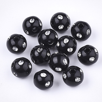 Plating Acrylic Beads, Metal Enlaced, Round, Black, 9~10x9mm, Hole: 2mm, about 1000pcs/500g