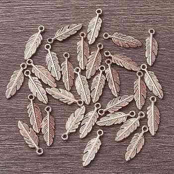 Tibetan Style Alloy Pendants, Feather, Rose Gold, 15x5x1.5mm, Hole: 1mm.
