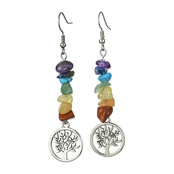 Natural & Synthetic Mixed Stone Chips Dangle Earrings, Tibetan Style Alloy Tree of Life Drop Earrings with 316 Surgical Stainless Steel Pins, Flat Round, 65x17mm