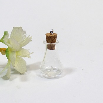 Empty Small Glass Cork Vase Pendants, Wishing Bottle Charms with Platinum Plated Iron Loops, Clear, 16x27mm