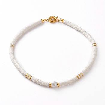 Polymer Clay Heishi Beaded Necklaces, with Round Glass Pearl Beads, Brass Spacer Beads and Spring Ring Clasps, White, 17-7/8 inch(45.5cm)